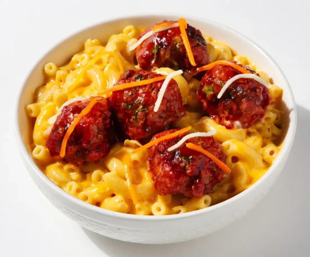 A white bowl filled with creamy elbow macaroni and cheese, topped with five glazed Korean BBQ meatballs coated in a deep red sauce with herbs, garnished with thin strips of pickled orange carrot and white daikon radish, served on a white background — KFC Korean BBQ Mac & Cheese Bowl.