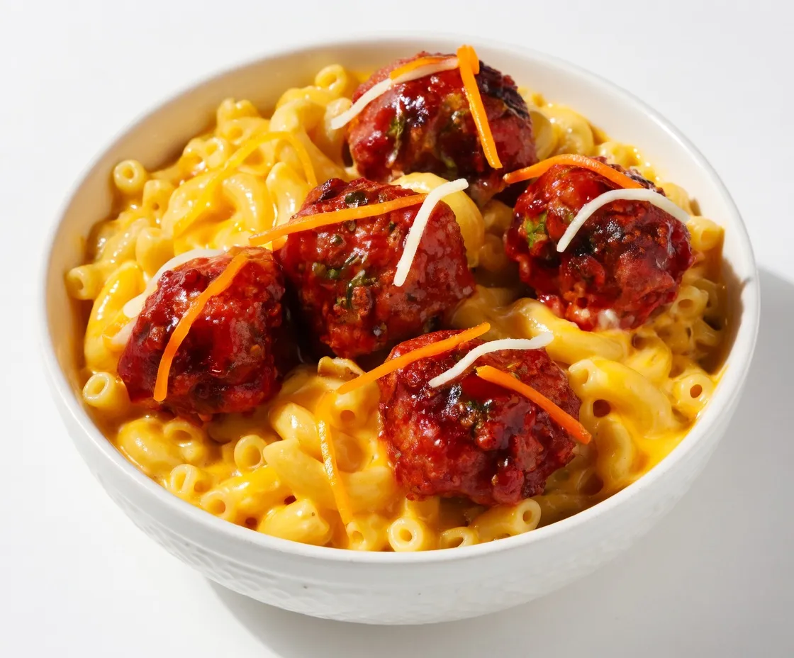 A white bowl filled with creamy elbow macaroni and cheese, topped with five glazed Korean BBQ meatballs coated in a deep red sauce with herbs, garnished with thin strips of pickled orange carrot and white daikon radish, served on a white background — KFC Korean BBQ Mac & Cheese Bowl.