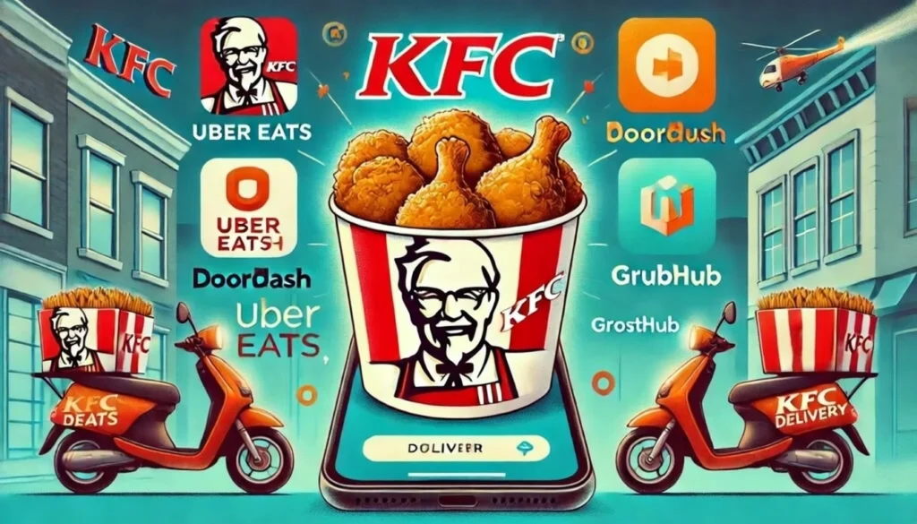 KFC fried chicken bucket delivery via Uber Eats, DoorDash, and GrubHub apps shown on smartphone with branded delivery scooters